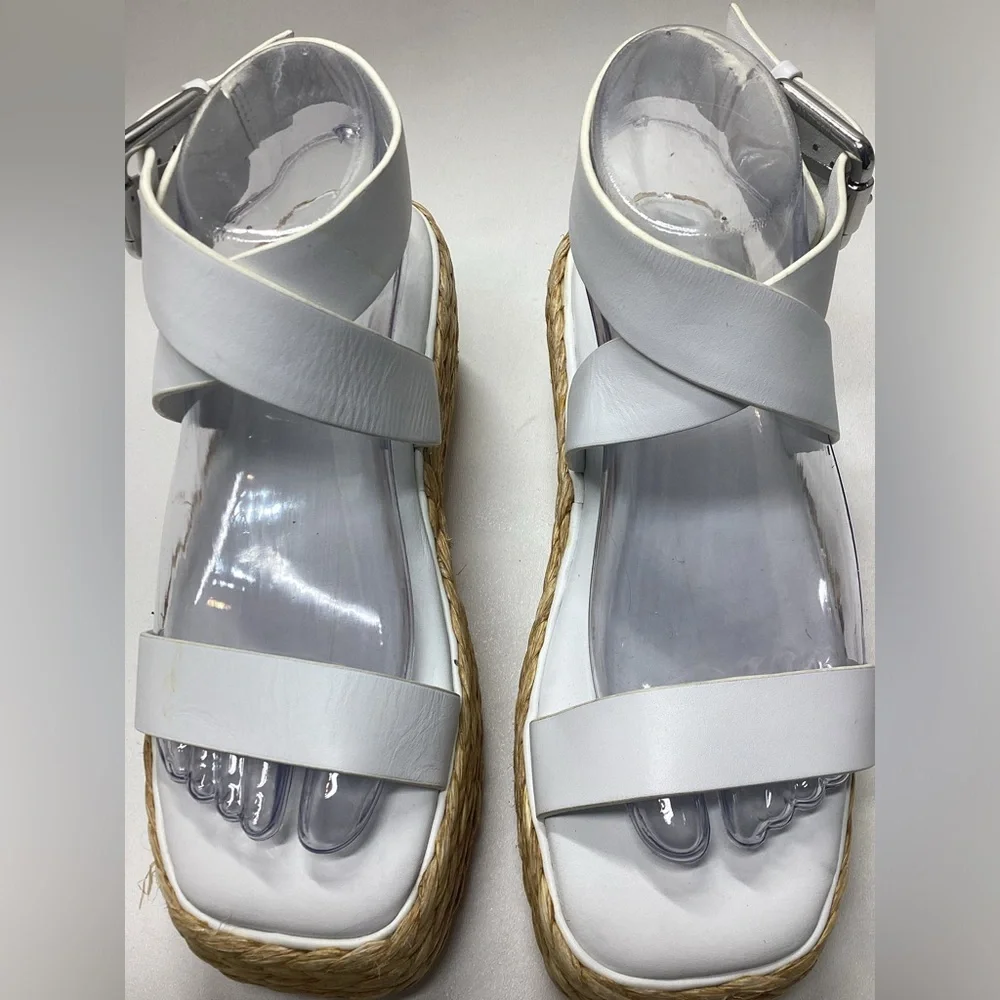 Donna Karan White Platform Espadrille Sandals - Women's Strappy Ankle Buckle